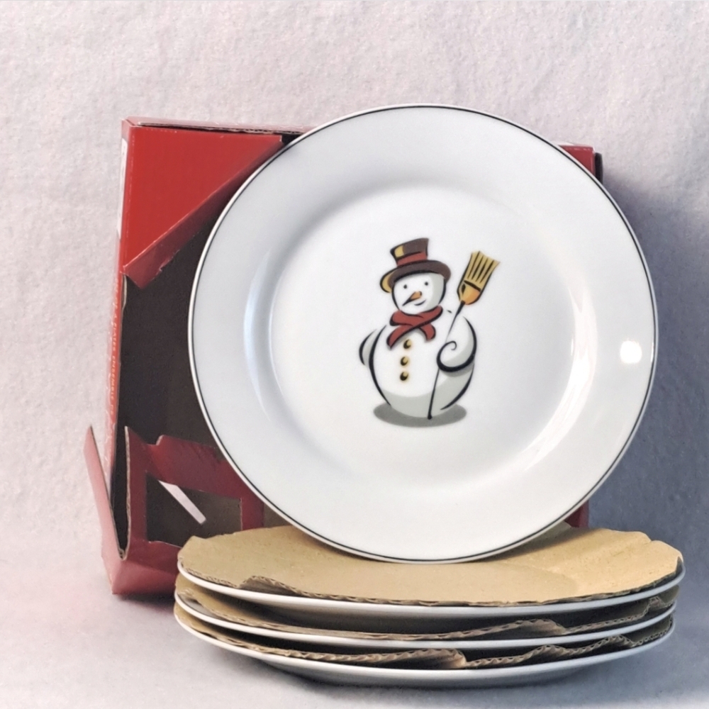 Whimsical Snowman Plates by Jerren Kirsty | Vintage Christmas Set of 4 NIB